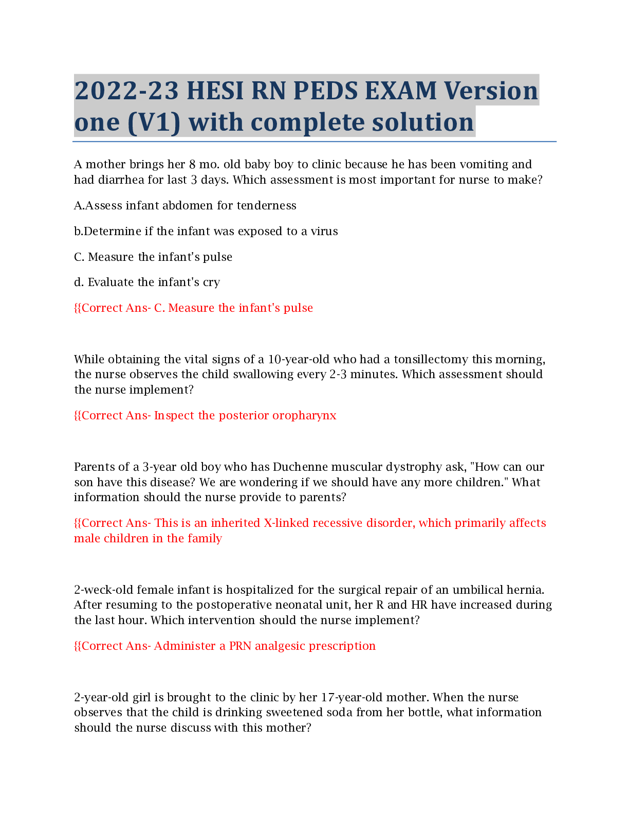 Preview image for 2022-23 HESI RN PEDS EXAM Version one (V1) with complete solution